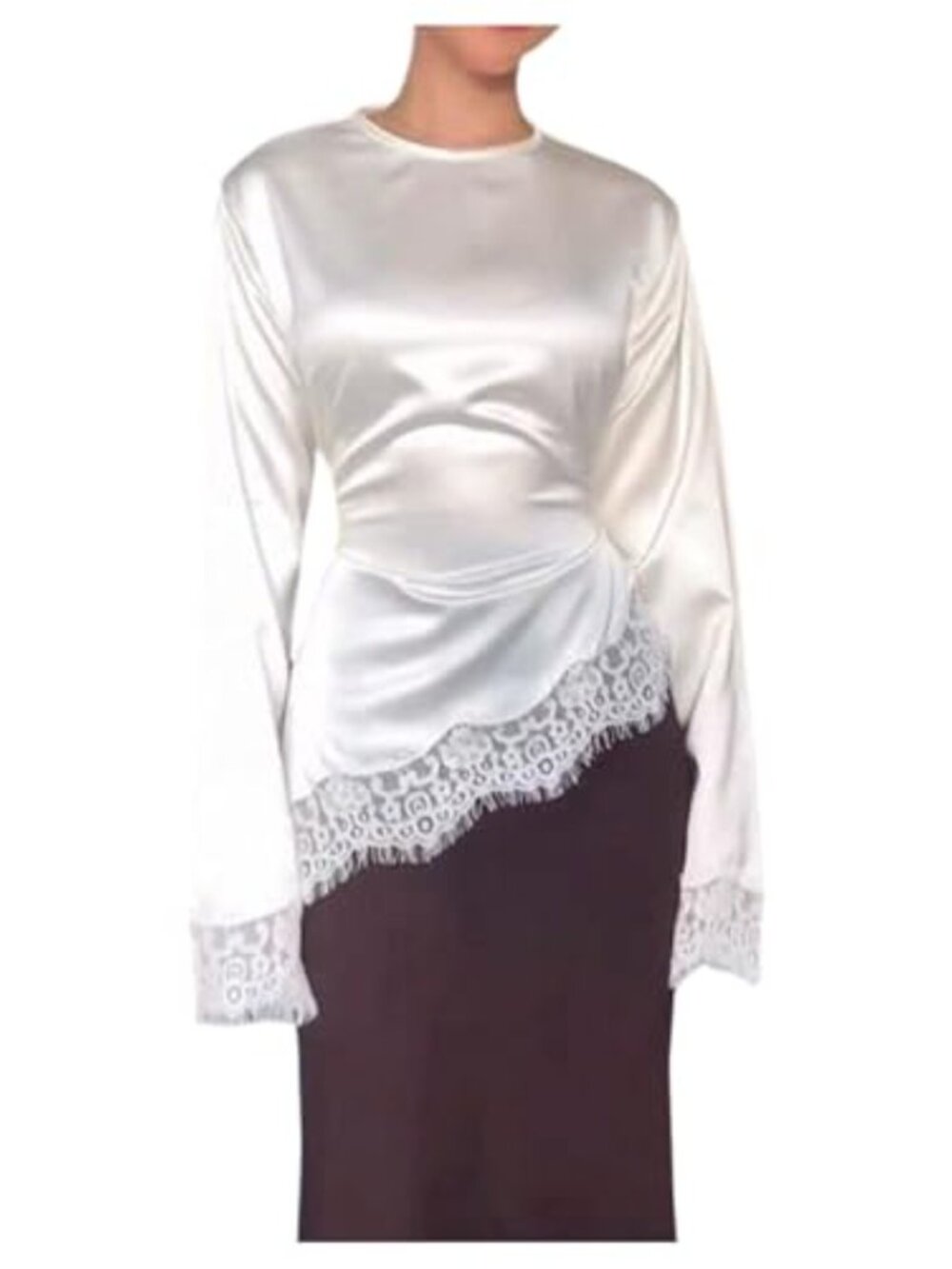 Satin Lace Cinched Waist Long Sleeve Blouse Asymmetrical Dressy Top